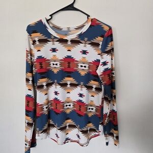 Multicolor Geometric Print Women's Top Southwestern Cowboy Cowgirl Vibes Size XL